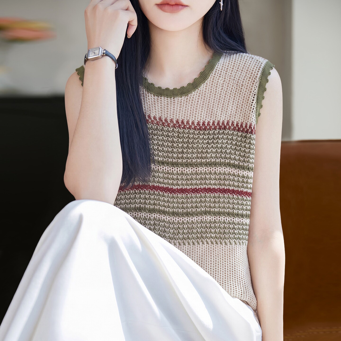 2026新款条纹镂空针织短袖t恤女夏季薄款冰丝针织衫大码女装上衣