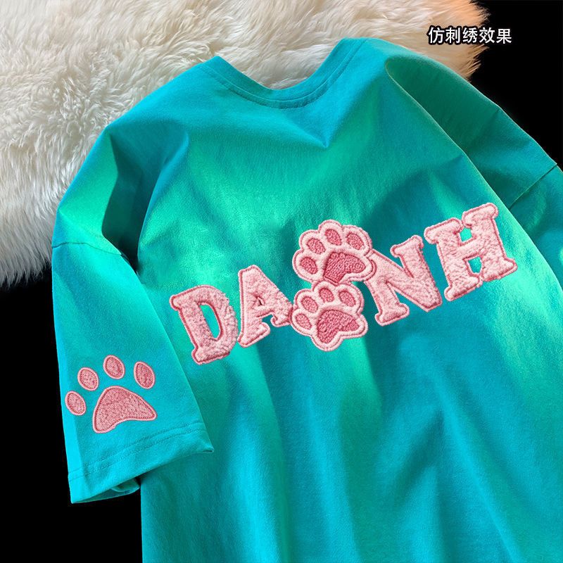 港风纯棉潮流设计感仿刺绣印花短袖夏季湖绿色男女ins潮牌t恤上衣