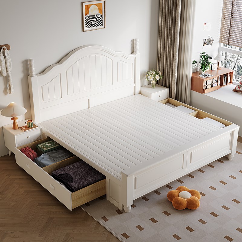 法式奶油风白f色全实木床1米8主卧双人床气压高箱储物床1米5抽屉