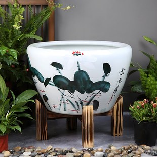 陶瓷鱼缸实木底座鱼缸装饰品十字木架圆形古法鱼S缸支架陶瓷缸专