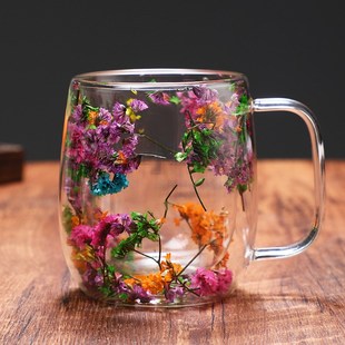 真花干花双层高硼硅玻璃杯办公室酒吧家用.马克咖啡杯 创意风新品