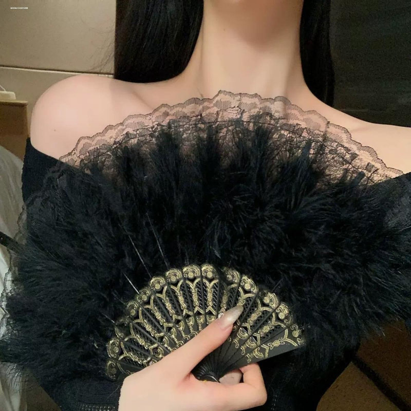 新款民国扇子旗袍夜上海复古舞蹈毛绒古风蕾丝羽毛扇折扇拍照道具