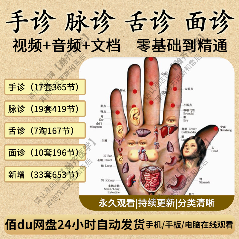 中医脉诊舌诊手诊面诊视频教程把脉号脉诊断看诊教学课程合集全套