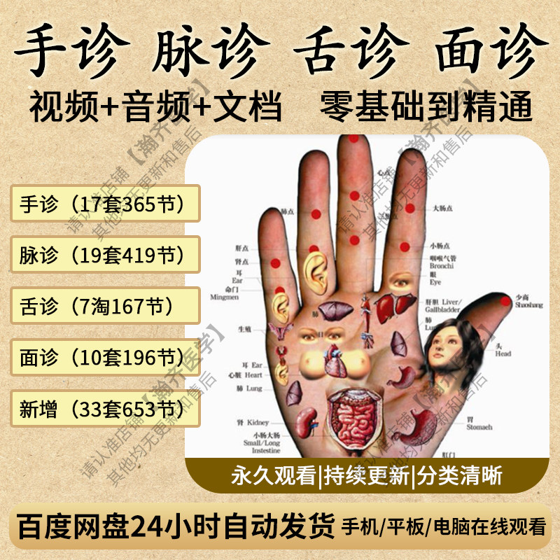 中医脉诊舌诊手诊面诊视频教程把脉号脉诊断看诊教学课程合集全套
