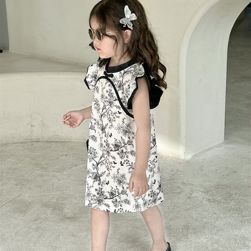 2023夏季女童新中式碎花旗袍裙宝宝复古中国风女孩水墨公主连身裙