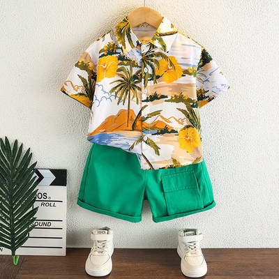 男童花衬衫海南岛服棉绸套装夏季海边衣服度假风24新港风沙滩服潮
