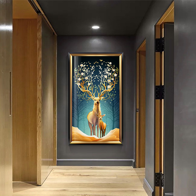 富贵麋鹿美式玄关竖版装饰画进门入户走廊墙壁挂画酒店过道墙壁画图片