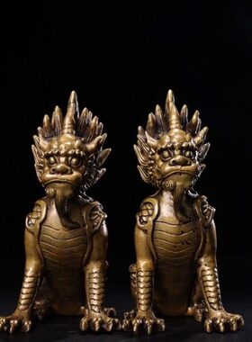 古玩收藏纯铜麒麟一对家居玄关装饰工艺品瑞兽祥瑞麒麟铜摆件