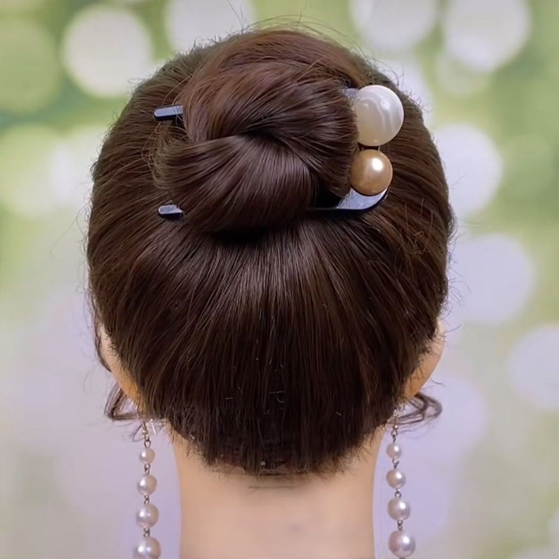 新中式简约珠珠三齿发簪后脑勺半扎发丸子头盘发神器发钗簪子头饰