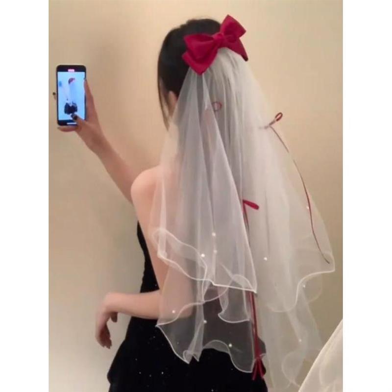 求婚登记订婚领证蝴蝶结小头纱卷边网红拍照超仙生日旅拍道具头饰
