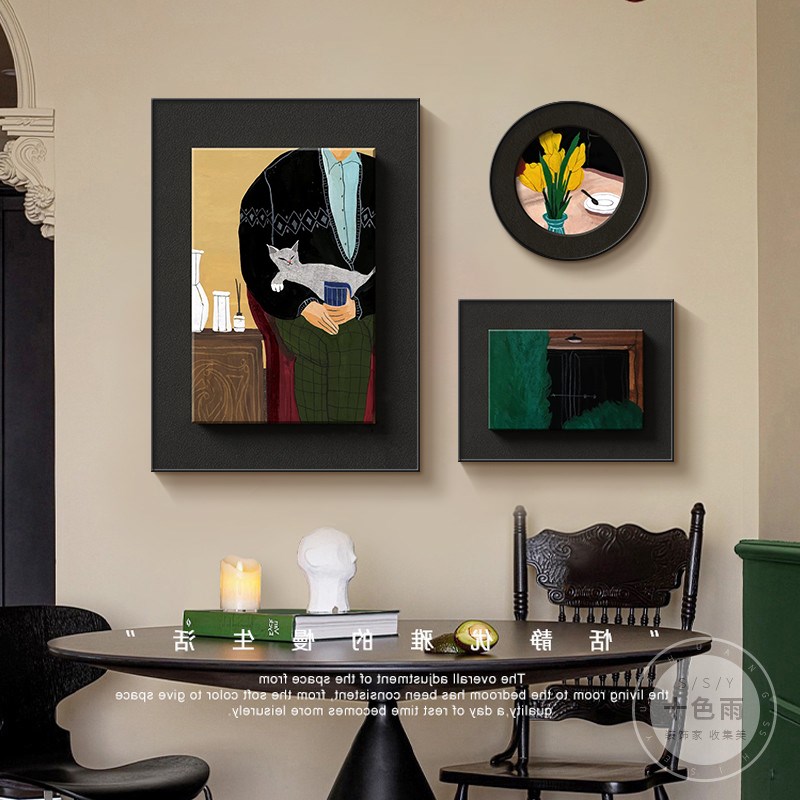 中古风餐厅装饰画复古抽象人物餐桌组合壁画小众艺术高级客厅挂画