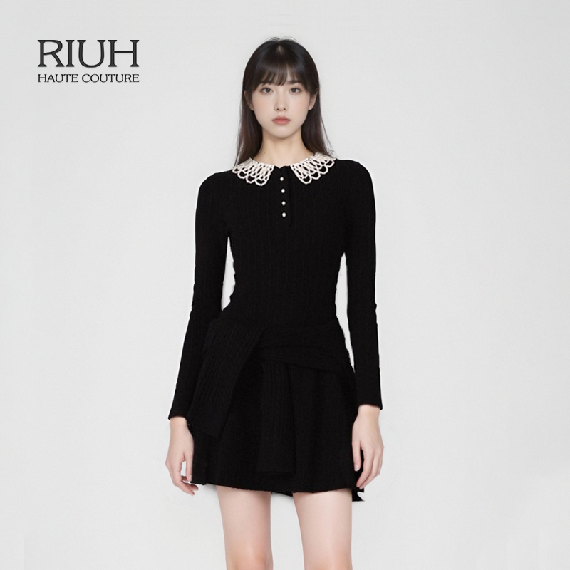 RIUH精致法式优雅仿珍珠装饰可拆卸娃娃领连衣裙25秋冬