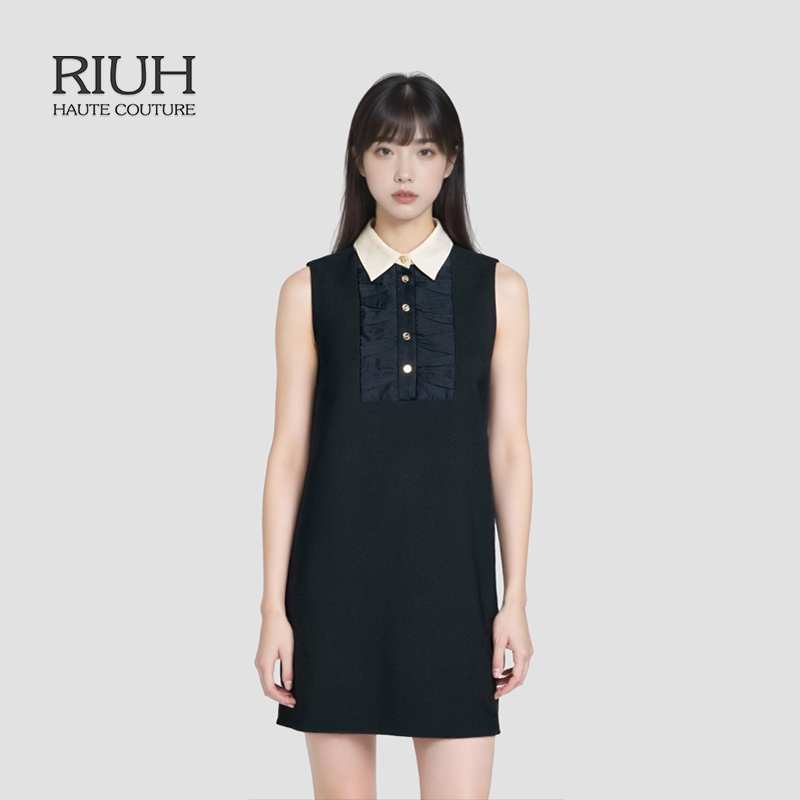 RIUH法式甜美压褶无袖黑色短款连衣裙25秋冬