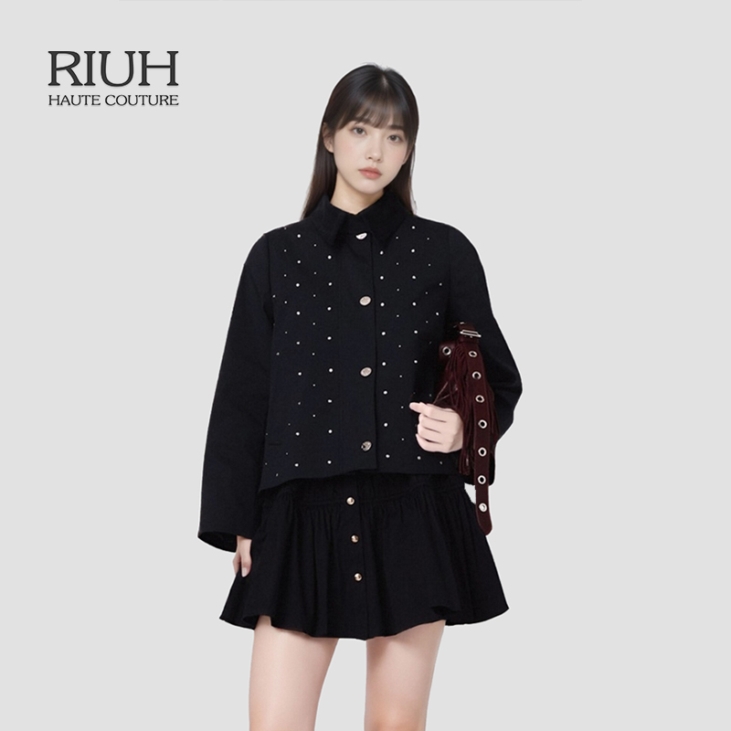 RIUH精致气质法式仿钻装饰翻领可拆卸棉服25秋冬