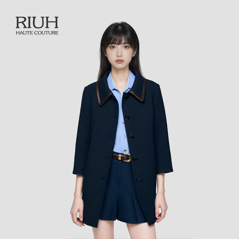 RIUH保暖气质都市游牧复古深蓝色皮革翻领七分袖外套25秋冬