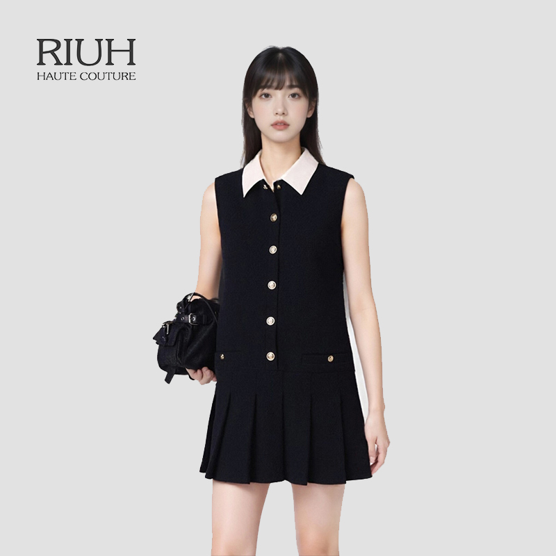 RIUH法式精致时尚花呢深蓝色可拆卸领无袖连衣裙25秋冬