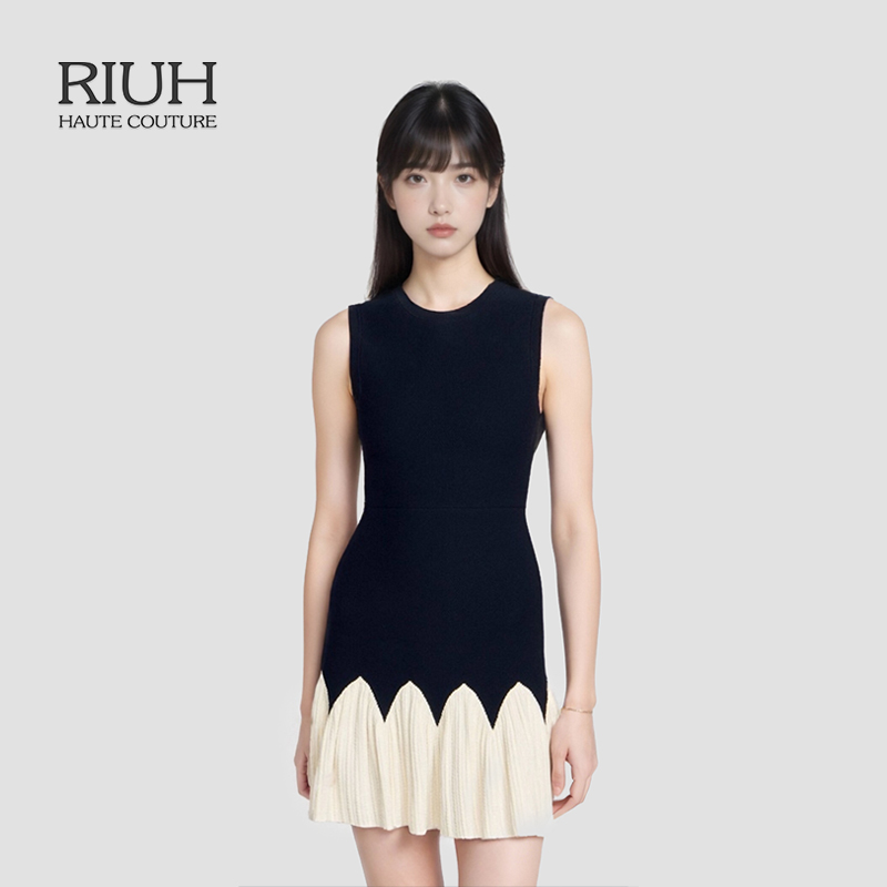 RIUH精致法式黑白撞色荷叶边针织连衣裙25秋冬