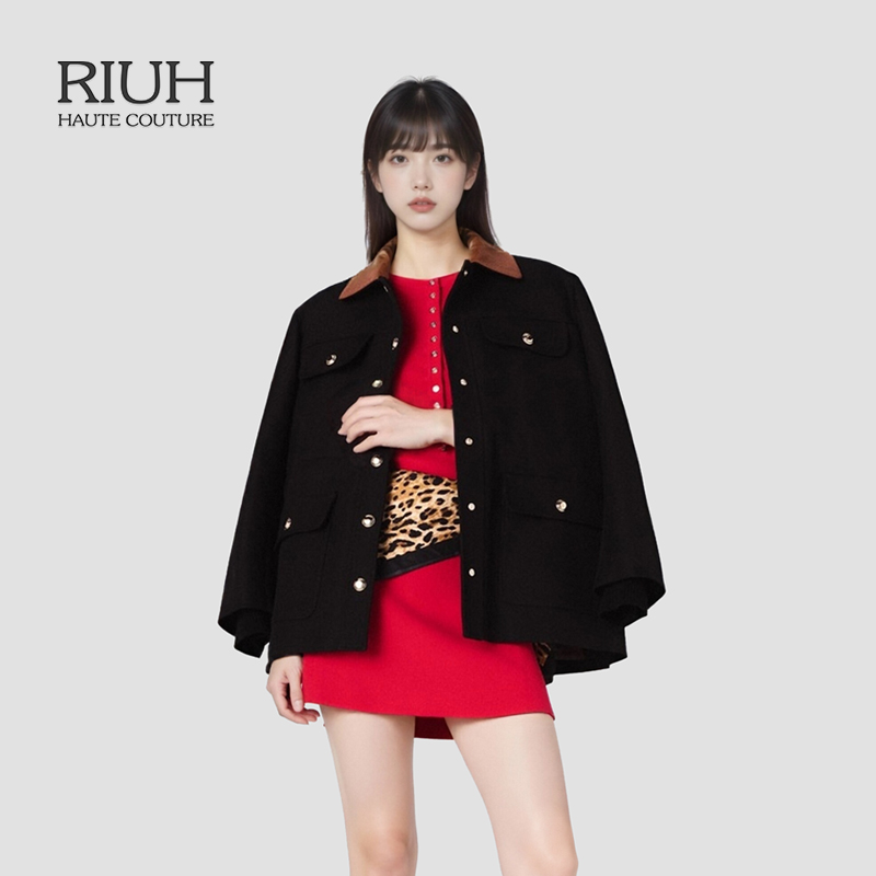 RIUH保暖法式时尚气质棕色皮革领外套25秋冬