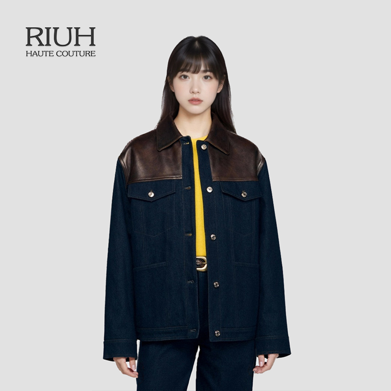 RIUH精致保暖落肩袖拼皮单排扣牛仔衫短外套25秋冬