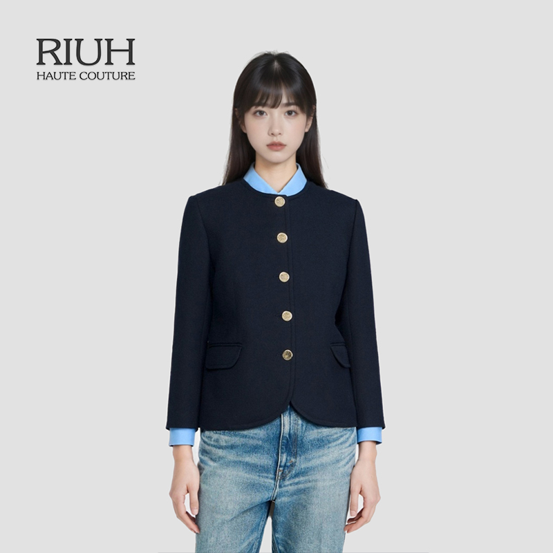 RIUH法式气质时尚深蓝色经典短款长袖圆领外套25秋冬