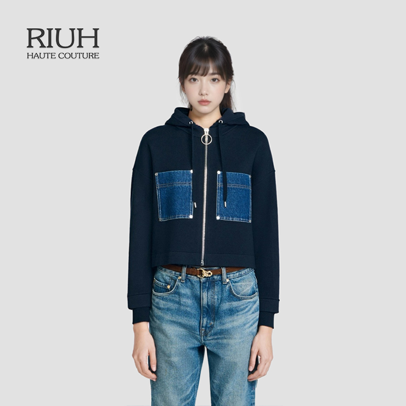 RIUH精致休闲拼贴牛仔拉链抽绳连帽针织开衫25秋冬