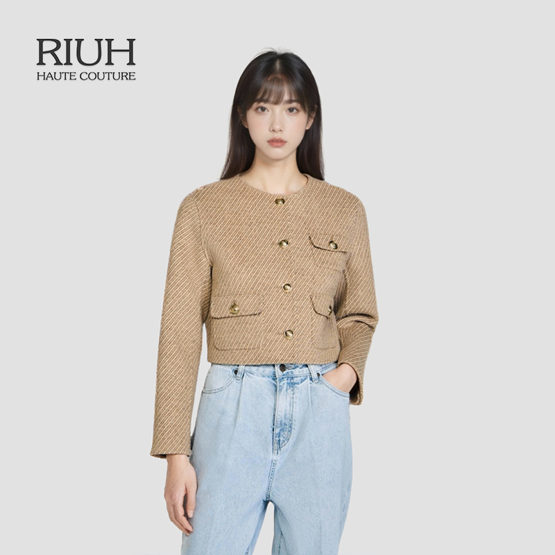 RIUH法式气质绵羊毛混纺斜纹短外套25秋冬