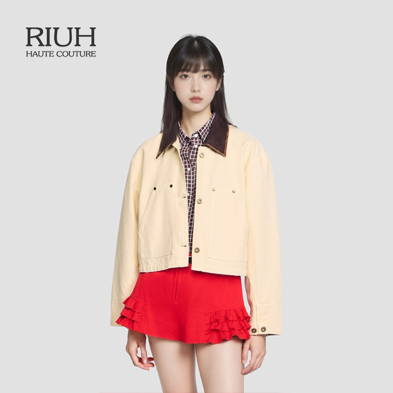 RIUH精致巴恩风法式复古棉质皮革翻领撞色牛仔外套25秋冬