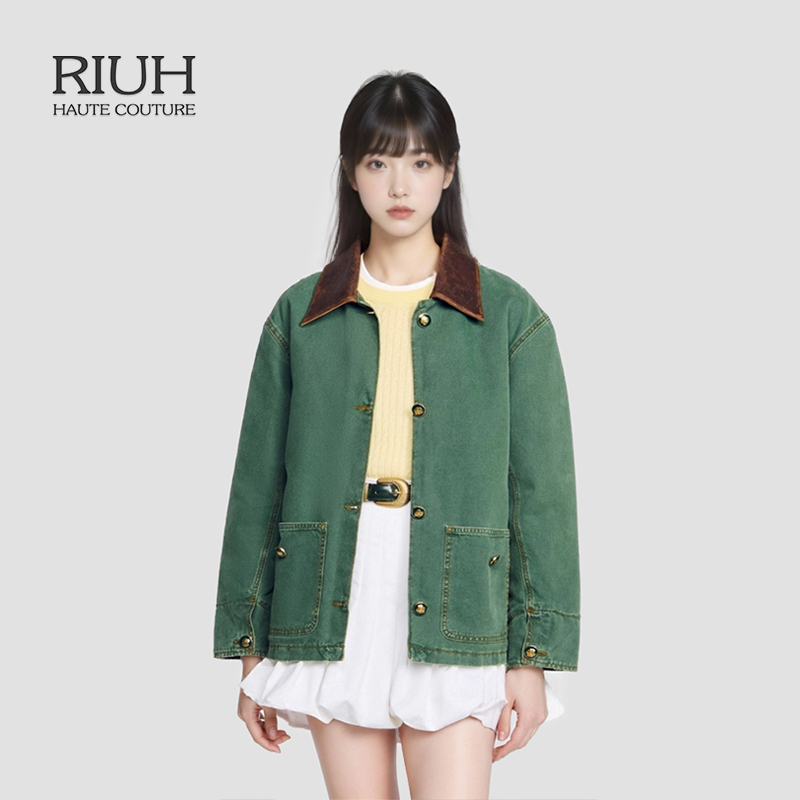 RIUH法式时尚复古皮革翻领牛仔棉服外套25秋冬