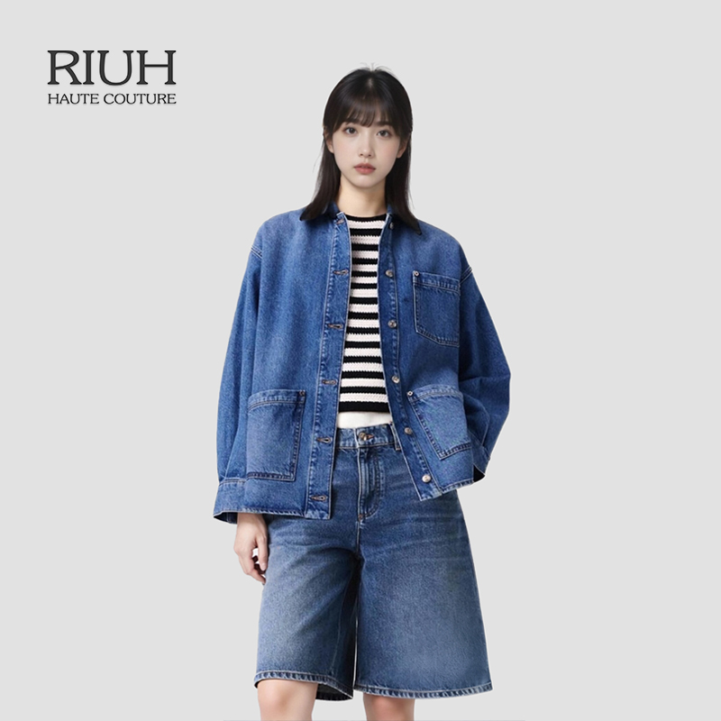 RIUH精致法式休闲天鹅绒领口衬衫式牛仔外套25秋冬