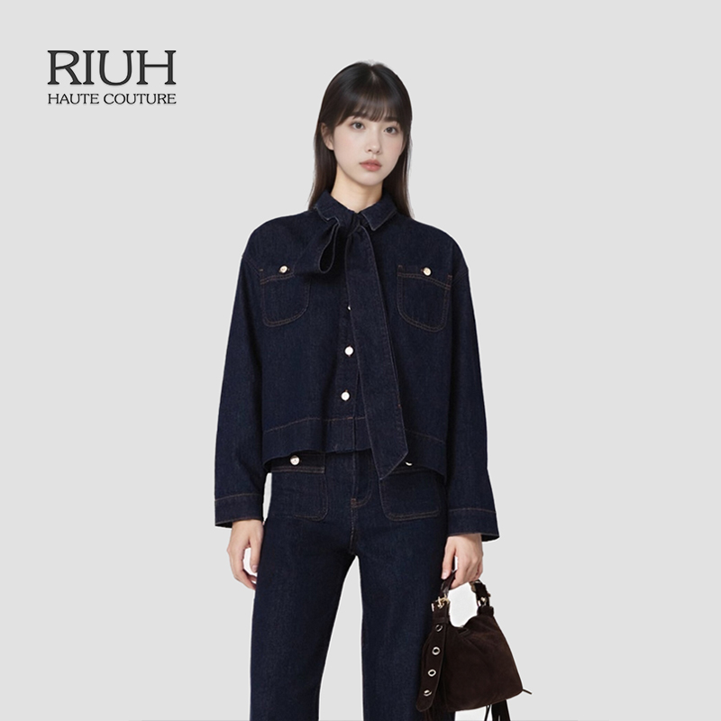 RIUH法式复古棉质深蓝色蝴蝶结牛仔衬衫25秋冬