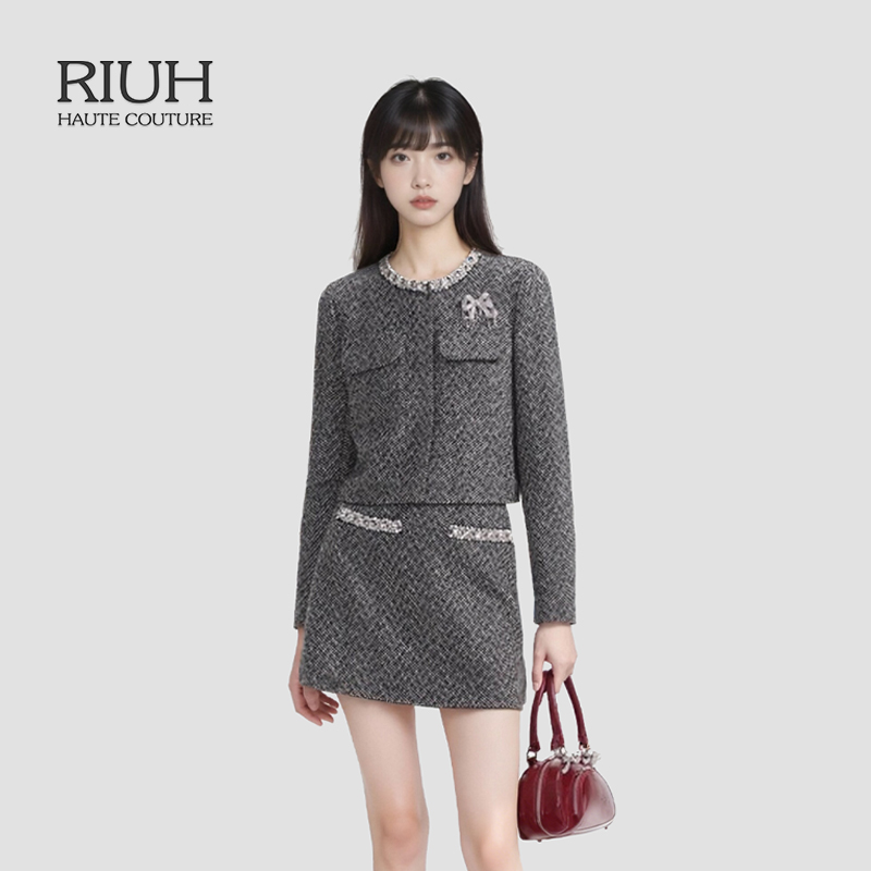 RIUH赵丽颖同款千金风气质名媛人字纹小香风外套半身裙套装25秋冬