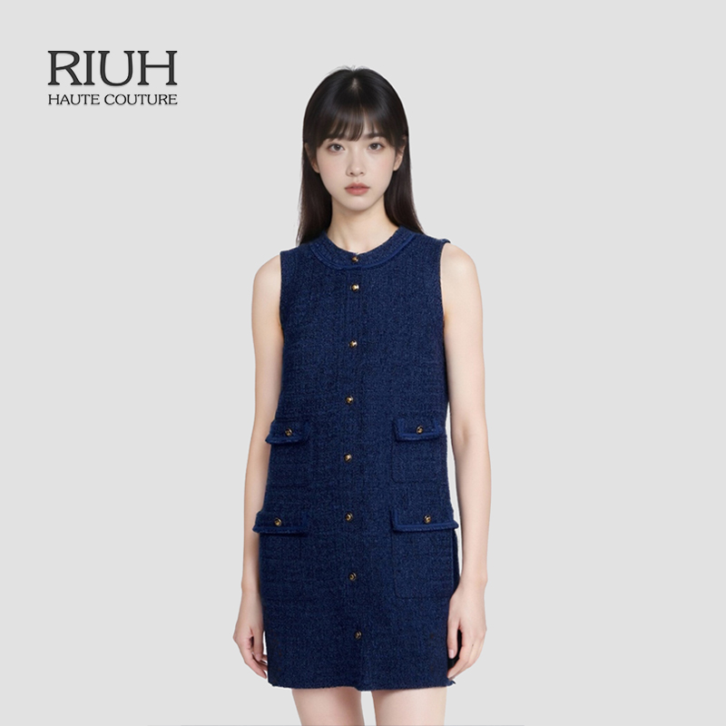 RIUH精致法式深蓝色无袖粗花呢连衣裙25秋冬