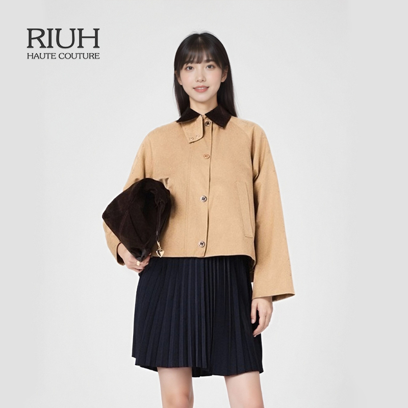 RIUH法式驼色拼接领A字可拆卸棉服25秋冬