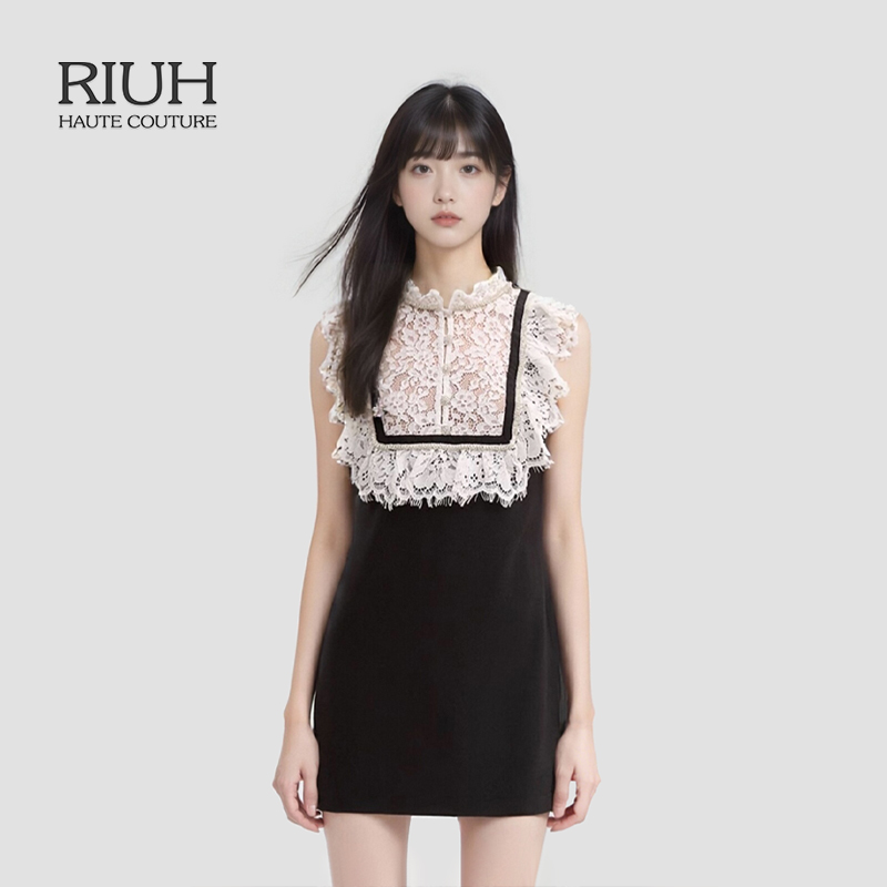 RIUH精致miu系黑白撞色蕾丝褶显瘦钻饰无袖连衣裙25秋冬