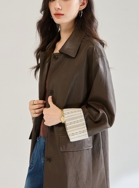 25秋装酷飒风条纹拼接皮衣外套复古翻领休闲百搭夹克上衣25569