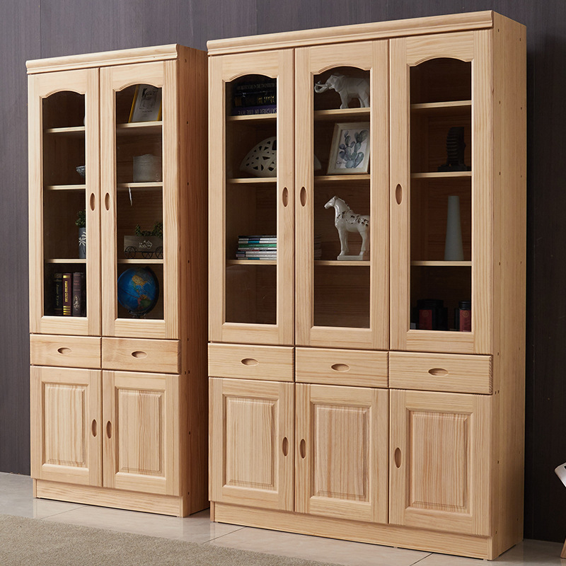 松木书柜全实木两门三门书柜组合带玻璃门简约现代儿童收纳书橱柜