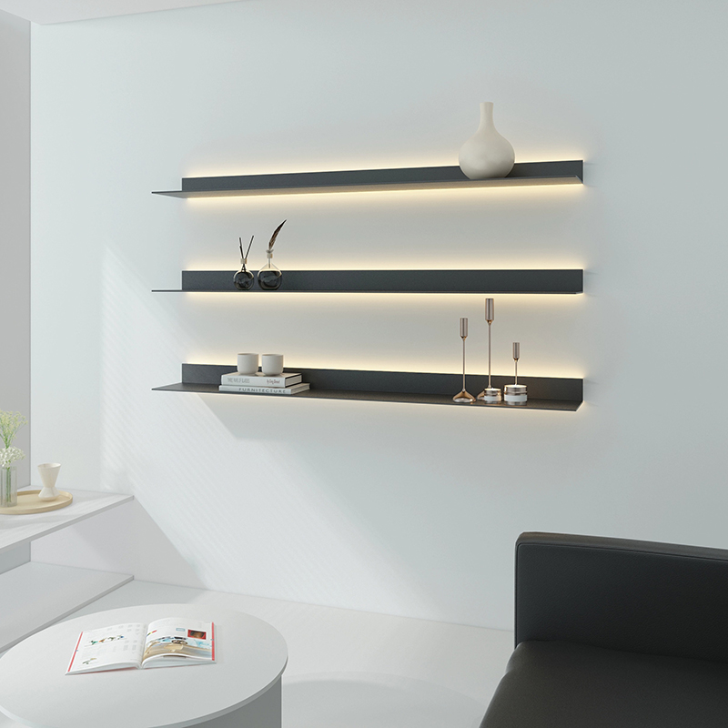 铁艺带灯金属隔板展示架简约壁z挂书架发光一字装饰层板墙上置物