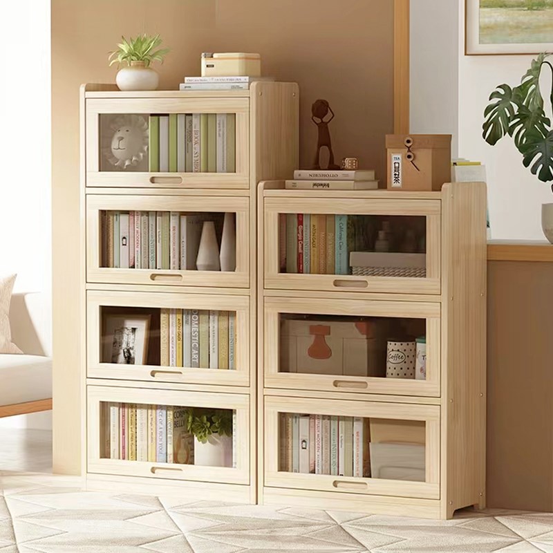 松木书架全实e木落地置物架防尘储物柜有机玻璃门移动自由组合书