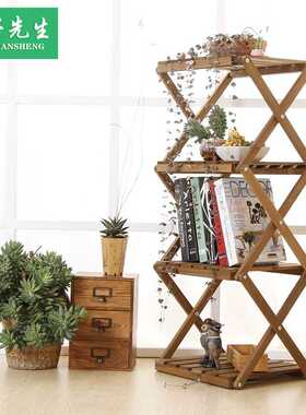 田园简易四层折叠置物架实木书架收纳木质花架多功能客厅阳台室内