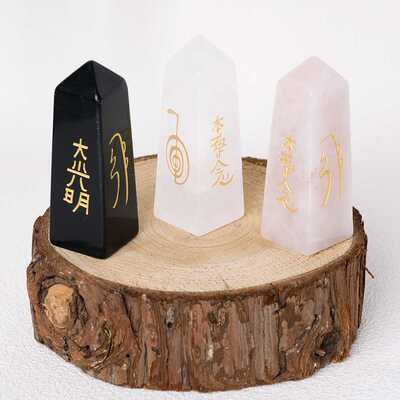 天然石四方柱雕刻灵气符号图案 白水晶粉晶黑耀石reiki符文石