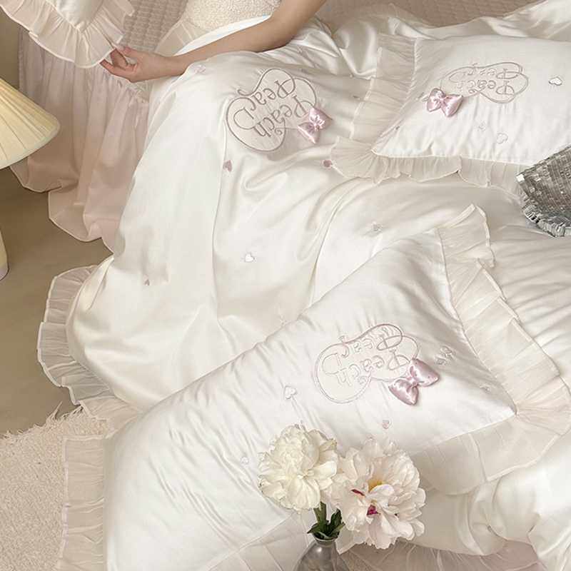 夏季天丝棉贴布刺绣四件套少女心蝴蝶结雪纺褶皱纱被套凉感床品