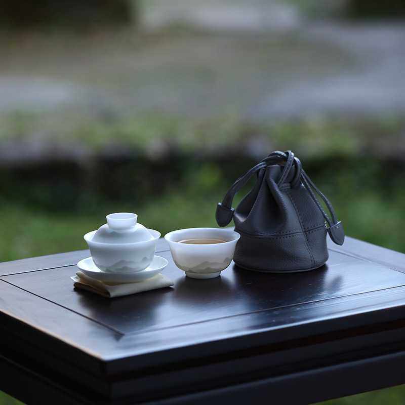 冰种玉瓷水墨山水一人饮快客杯小套组户外便携旅行茶具盖碗套装,电子元器件市场,其它元器件,淘宝优惠券,粉丝福利购,淘宝优惠卷