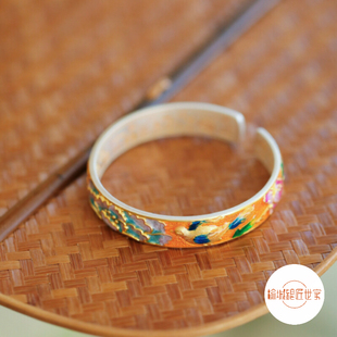 大理银匠世家足银描金珐琅牡丹双鸟图百福底对口手镯