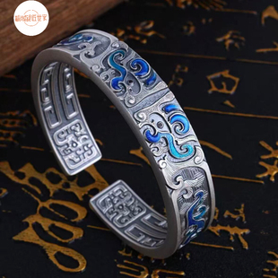 大理银匠世家李文彬大师复古珐琅彩手工饕餮手镯