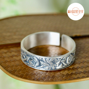 大理榆城银匠世家雪花银999足银手工錾刻银手镯