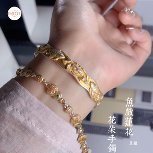 大理榆城银匠世家 雪花银 珐琅彩鱼戏莲花足银999精品手镯