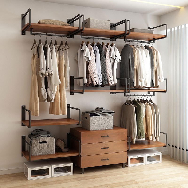 开放式衣柜壁挂式衣帽间实木金属全挂式步入式Q砌墙衣柜铁艺衣帽