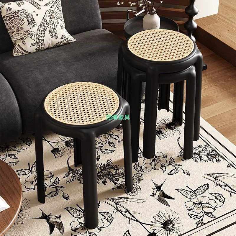 北欧加厚藤编塑料凳子家用餐凳可叠放现代简约梳妆板凳换鞋小圆凳,电子元器件市场,其它元器件,淘宝优惠券,粉丝福利购,淘宝优惠卷