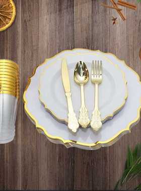 175个套装外贸一次性餐盘红色烫金边盘花边盘酒杯刀叉勺PS硬塑料