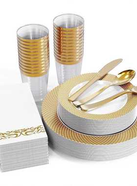 175个套装PS餐盘白色烫金边网格盘酒杯刀叉勺PS硬塑料跨境亚马逊